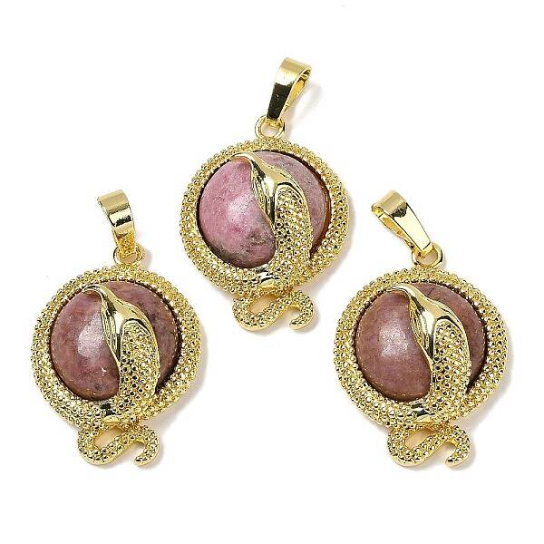 Natural Rhodonite Flat Round Shaped Brass Pendants