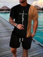 Men's Letter Print Tee & Drawstring Waist Shorts Set, Regular Fit Stylish Casual Fashion Round Neck Short Sleeve T-shirt & Po...