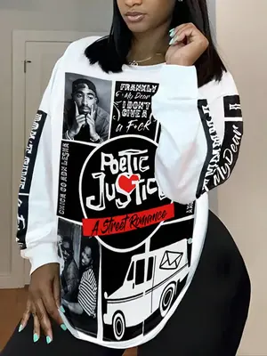 Women's Figure & Letter & Heart Print Long Sleeve Sweatshirt, Casual Round Neck Pullover for Daily Wear, Ladies 90s Clothes f...