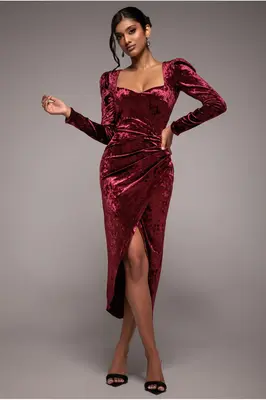 Goddiva Flared Hem Ice Velvet Midi  - Burgundy