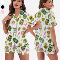 Pickles Heart Print Satin Pajamas Set Printed Comfortable Satin Pajamas & Loungewear Pjs Short Sleeve Top & Shorts With Pocke...