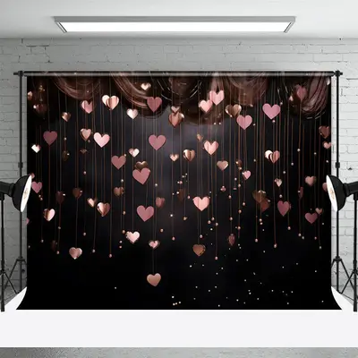 Hanging Pink Hearts Black Valentines Day Backdrop - Aperturee