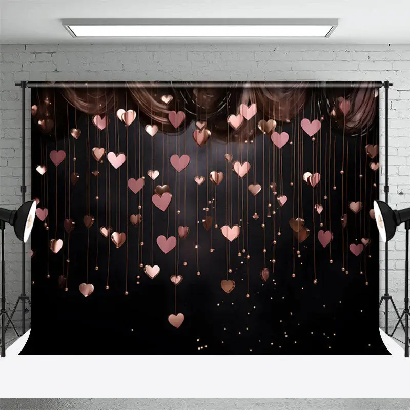 Hanging Pink Hearts Black Valentines Day Backdrop - Aperturee