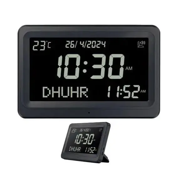 Athan Prayer Clock with Dual Calendar Display – Digital LCD, 8 Sounds, Prayer Alarms for 6000 Cities, Battery-Powered