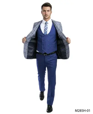 Tazio Men's 3 Piece Windowpane Executive Suit Two Tone