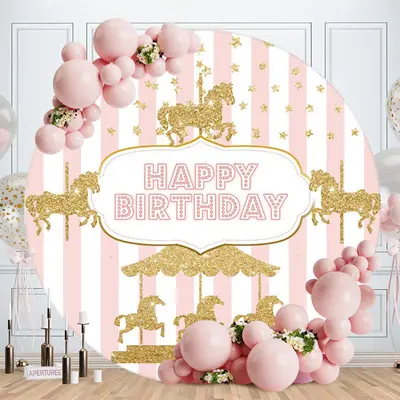 Aperturee Gold Glitter Carousel Pink Round Birthday Backdrop