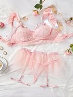 Women's Lace Sexy Lingerie Three-piece Set, Solid Color Cut Out Adjustable Bra & Thong & Garter Belt with Thigh Ring, Linger...