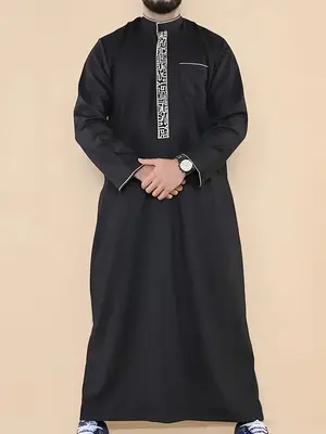 Men's Black Muslim Thobe – Long Sleeve Arab Kaftan with Pocket & Embroidery, Islamic Robe for Modern Traditional Wear
