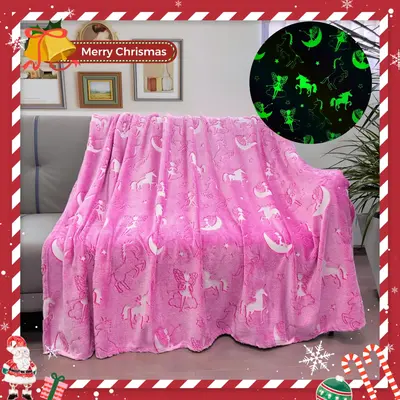 Throw Blanket, 1 Count Unicorn Star Heart Pattern Glow In The Dark Blanket, Office Nap Blanket, Soft Fluffy Luminous Throw Bl...