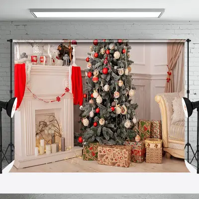 Aperturee White Fireplace Wall Pine Tree Christmas Backdrop