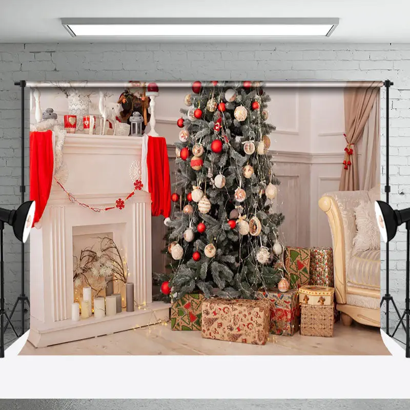 Aperturee White Fireplace Wall Pine Tree Christmas Backdrop