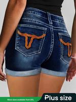 【plus Size】 Bull Head Embroidery Button Fly Denim Shorts, Casual Basic Pocket Design Denim Shorts for Daily Wear, Women's...