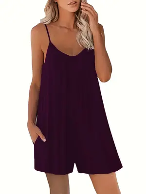Women's Solid Backless Cami Romper, Casual Spaghetti Strap Sleeveless Romper, Rompers for Women, Summer Clothes Women, Women...