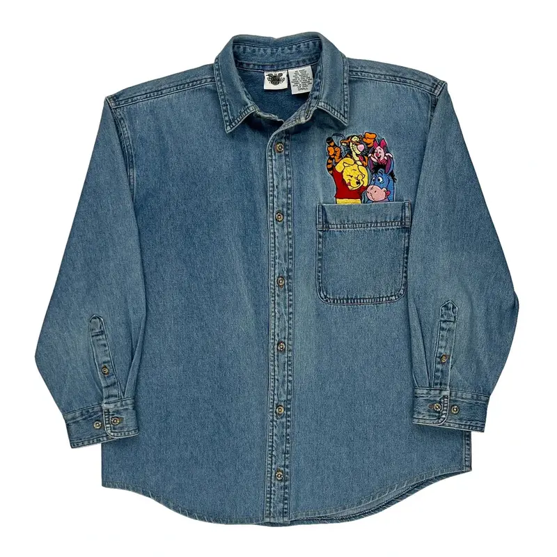 Winnie The Pooh Characters Disney Graphic Denim Shirt - Small Blue Cotton | Size: small