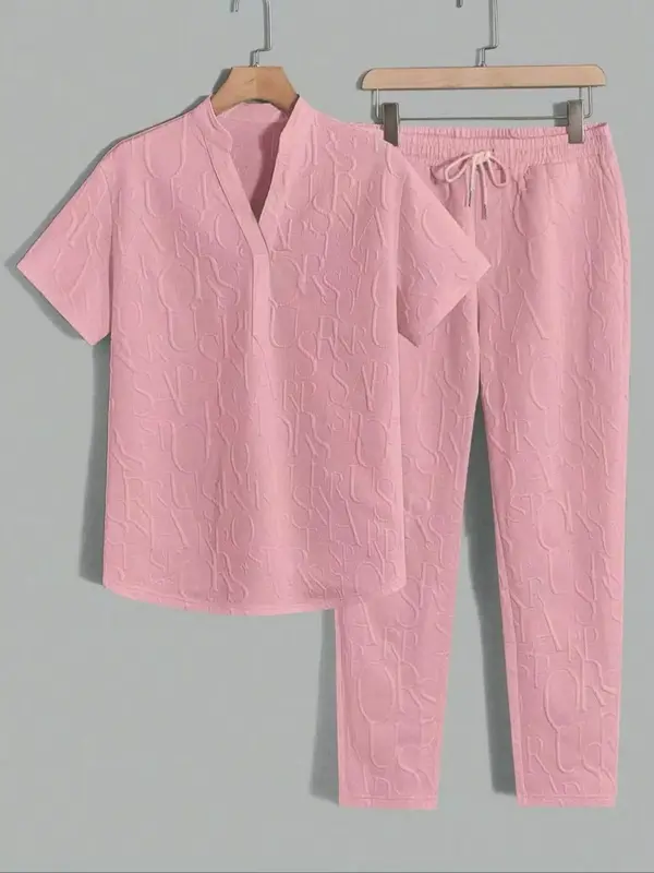 Two-piece Set Men's Textured Letter Embossed  Tee & Drawstring Waist Pants, Regular Fit Casual Short Sleeve Notched Neck Top ...