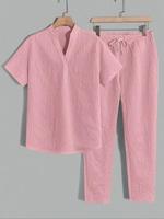 Two-piece Set Men's Textured Letter Embossed  Tee & Drawstring Waist Pants, Regular Fit Casual Short Sleeve Notched Neck Top ...