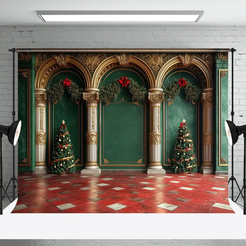 Luxury Green Wall Red Floor Christmas Vibe Backdrop - Aperturee
