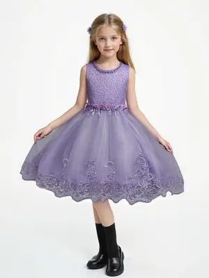 Girl's Floral Embroidery Beaded Bow Back Tulle Dress, Elegant Sleeveless Round Neck Dress for Party Wedding Guest, Kids Cloth...