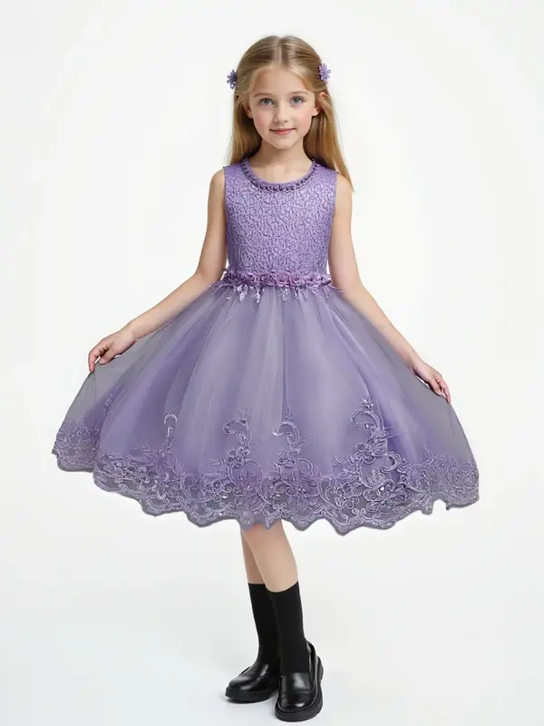 Girl's Floral Embroidery Beaded Bow Back Tulle Dress, Elegant Sleeveless Round Neck Dress for Party Wedding Guest, Kids Cloth...