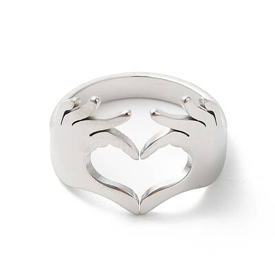 Non-Tarnish 304 Stainless Steel Hand Heart Open Cuff Ring for Women