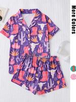 Women's All Over Print Short Sleeve Pajama Set, Casual Comfy Button Up Shirt & Shorts PJ Set, Ladies Sleepwear for Summer, Lo...