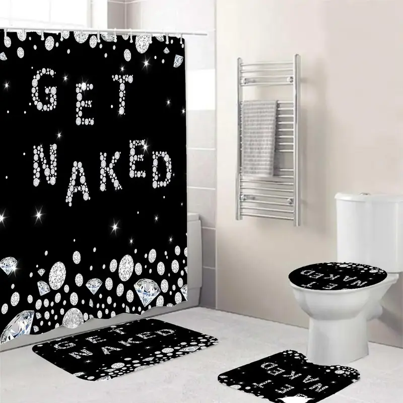 Diamond Letter Pattern Shower Curtain/ Shower Curtain & Toilet Lid Cover & Bath Rug & U Shaped Toilet Mat Set, Room Decor, Su...