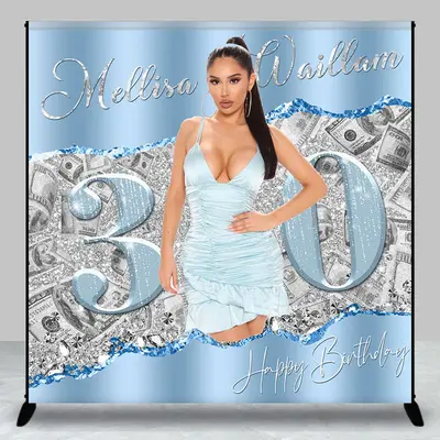 Blue Grey Dollar Custom 30th Birthday Photo Backdrop - Aperturee