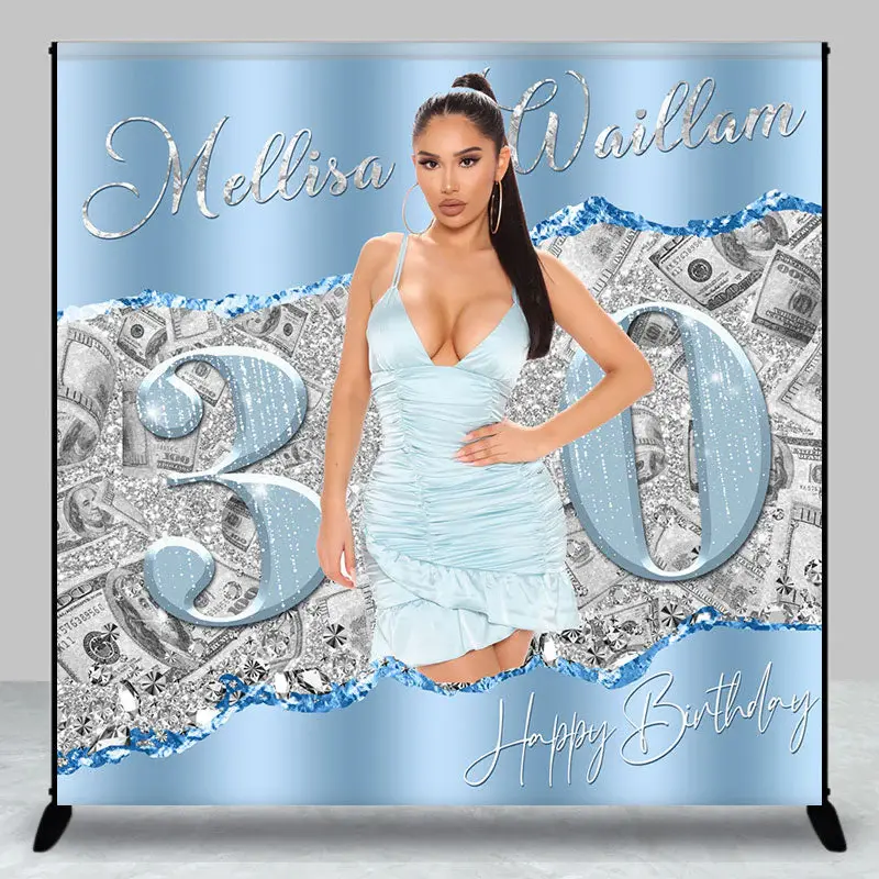 Blue Grey Dollar Custom 30th Birthday Photo Backdrop - Aperturee