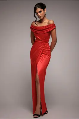 Goddiva Cowl Bardot Satin Twill Maxi Dress - Red