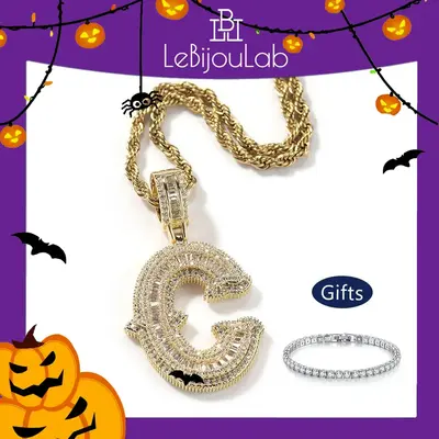 Iced-out Chunky Initial Necklace w/ 24inches Long Stainless Steel Rope Chain | Golden | Silver | Rose Gold | Dark Chrome | Le...