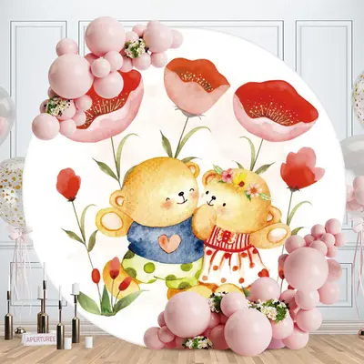 Aperturee Red Floral And Bears Round Baby Shower Backdrop