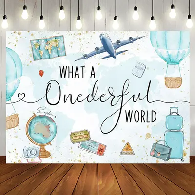 Onederful World Map Globe Airplane Birthday Backdrop - Aperturee