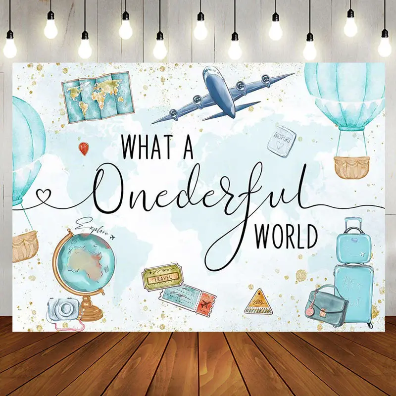 Onederful World Map Globe Airplane Birthday Backdrop - Aperturee