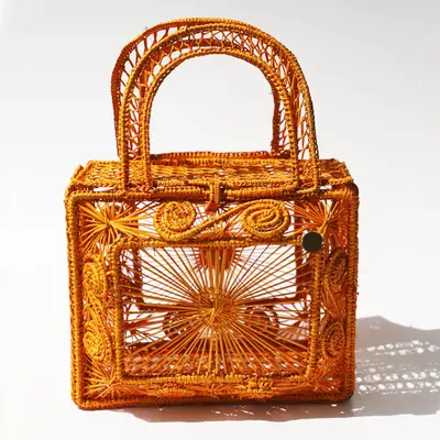 Sandra Bag - Straw Bag - Hand Woven Iraca Palm Bag, Top Handle Purse | Color: Orange