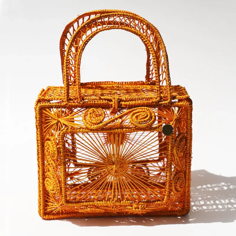 Sandra Bag - Straw Bag - Hand Woven Iraca Palm Bag, Top Handle Purse | Color: Orange