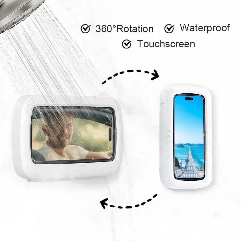 Shower Phone Holder - Waterproof 480° Rotatable Adjustable Bathroom Wall Mount Stand for Smartphone & Cellphone - Anti-Fog H...