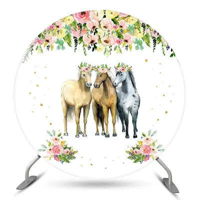 Aperturee Floral Three Horses Round Birthday Party Backdrop | Round Backdrop Fabric Cover | Custom Round Birthday Backdrop | ...
