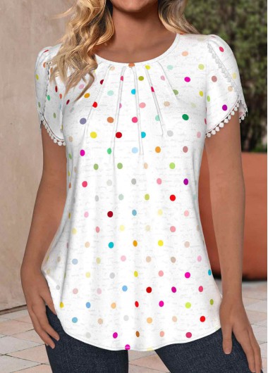 Modlily White Tuck Stitch Polka Dot Short Sleeve T Shirt - XL