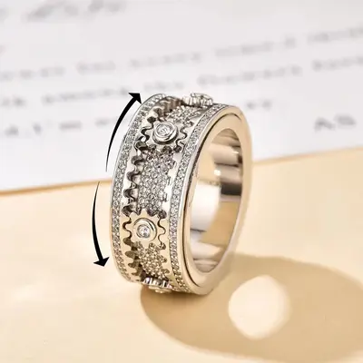 Unisex Couple Gear Ring Rotatable Mechanical Ring Decompression Anxiety Ring Rotatable Statement Band Stress Relieving RingsV...