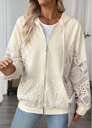 Modlily Beige Long Sleeve Pocket Zipper Hoodie - M