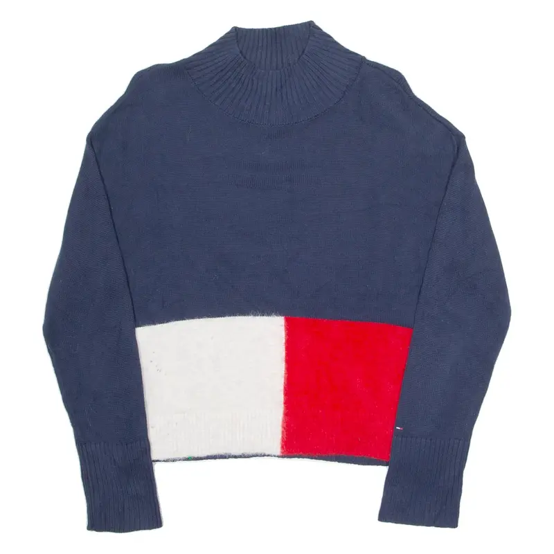 TOMMY HILFIGER Womens Jumper Blue High Neck Tight Knit S