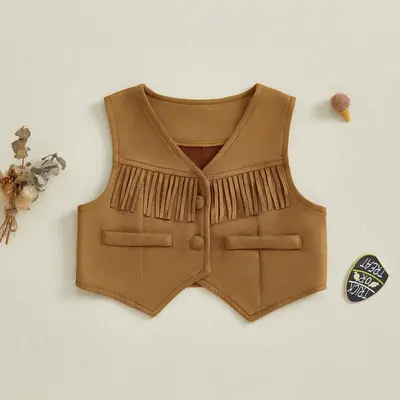 Toddler Baby Boys Girls Suede Vest Tassel Buttons Front Western Cowgirls Waistcoat V-Neck Sleeveless Jacket