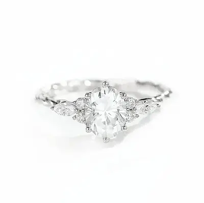 Sterling Silver Oval Cut Moissanite Personalized Engraving Engagement Ring