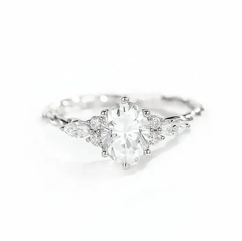 Sterling Silver Oval Cut Moissanite Personalized Engraving Engagement Ring