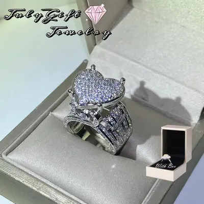 Women's Silver Plated Love Heart CZ Cluster Statement Big Architecture Ring