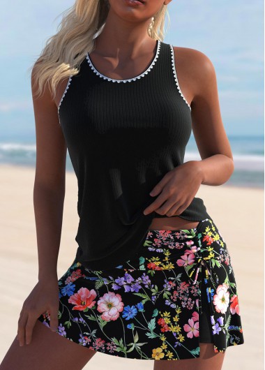 Modlily Cut Out Ditsy Floral Print Black Tankini Set - M