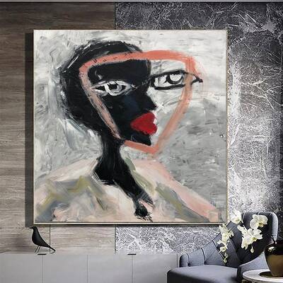 Abstract Face Painting Female Face Art Abstract Face Art Grey Canvas Wall Art Oil Painting on Canvas Modern Face Art | TWO FA...