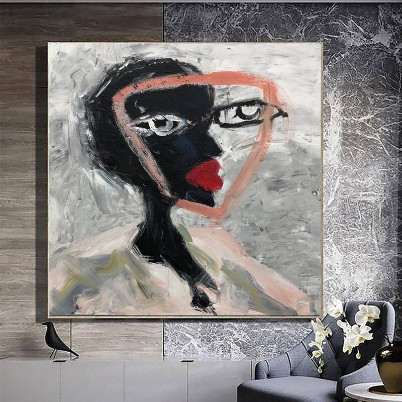 Abstract Face Painting Female Face Art Abstract Face Art Grey Canvas Wall Art Oil Painting on Canvas Modern Face Art | TWO FA...