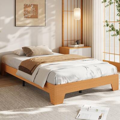 Garvee Full Size Platform Bed Frame Wood Grain Finish Sturdy Low Profile Noise-Free Durable Wood Slats Pine Walnut Oak Bedroo...