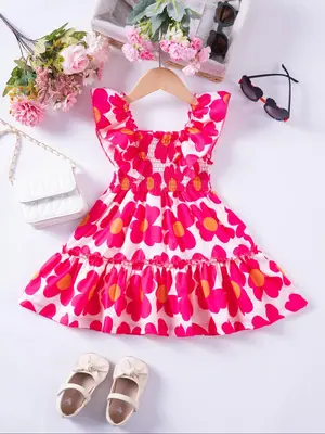 Toddler Girl's Floral Print Ruffle Trim Dress, Cute Cap Sleeve Square Neck Dress for Summer, Kids Clothes for Daily Wear